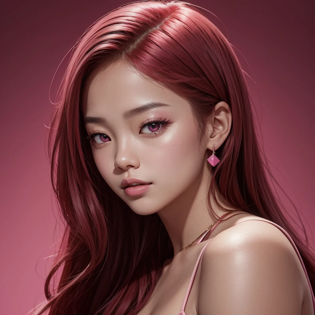 make a banner of a woman with: glowing skin, lips, sacimaer detailed skin, Beautiful face and detailed pink eyes, Spotlight, professional lighting, 1 girl, Alone, long hair, wearing a cute and lovely outfit, natural pose, lips, indoor, realistic, I want the whole image be created, face and body of blackpink's Jennie kim with red hair and in four places with different poses doing random things  on a background of some rosy place It can be a completely pink background like a wall a clean background without shadows or objects 