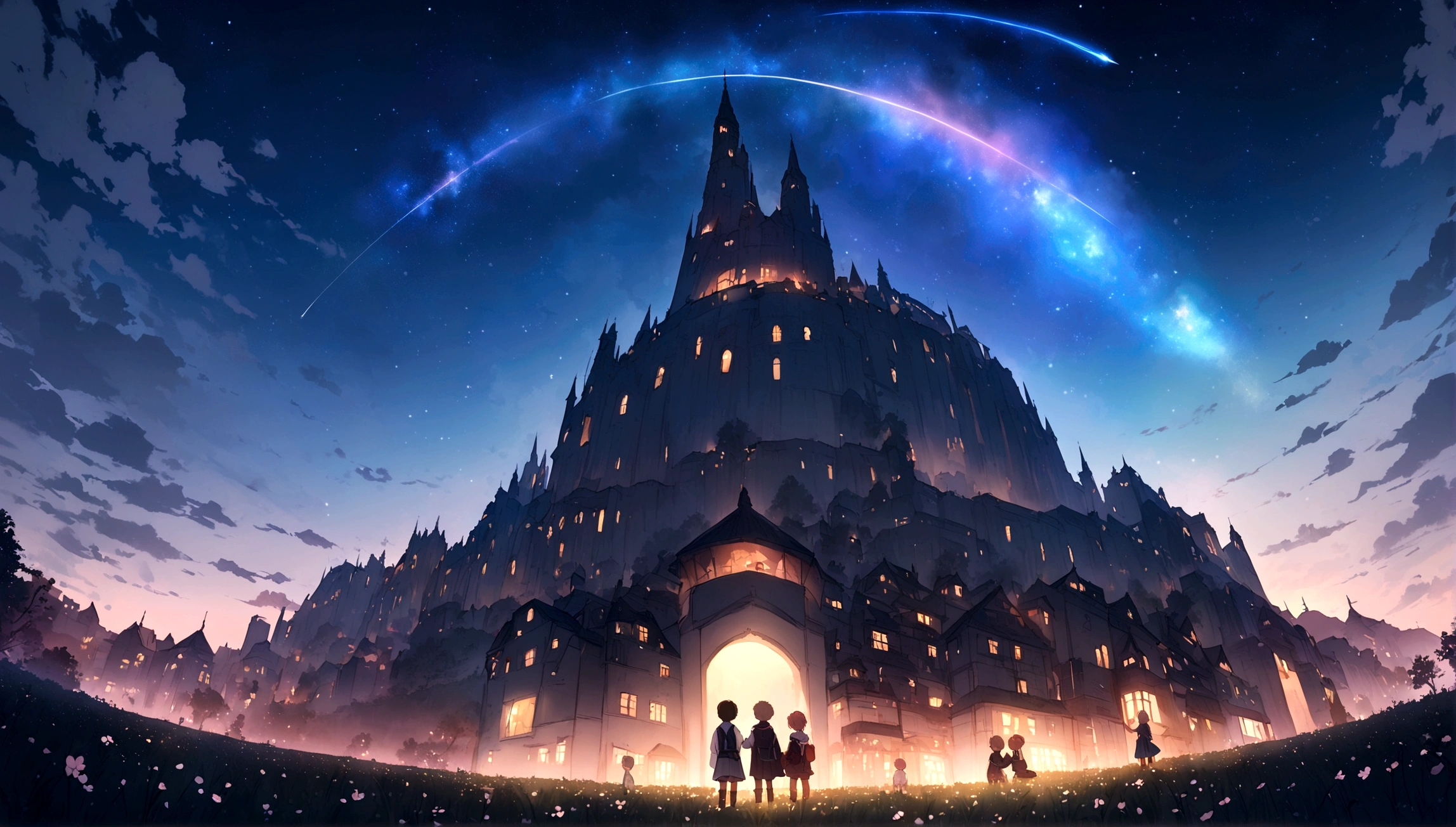City of night、The sky is wonderful、meteor、 little boyn top of a building、Brown Hair、Back view、The city is bright with streetlightain performers、Highest quality、Anime Scenery、Xin Haichen、building、Field、Milky Way 110207, distant 3 year old little boat the,(Zoo,(meteor:1.2)、(comet:1.1,yourname、Low Angle、From behind、Alola、sing star、cherry blossoms、Standing in the Field、Highest quality、masterpiece、cloud、colorful、Starry Sky、Main performers、