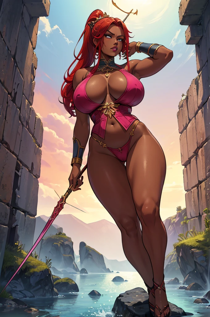 (masterpiece, best quality, high resolution, ((full body standing)), ((huge breasts))1 beautiful woman, Greek goddess Artemis, red hair tied in a ponytail, ((dark skin)), pink lips, Greek fantasy full body clothing, Greek Axesories, fantasy Greek bow and arrow in hands, serious look
