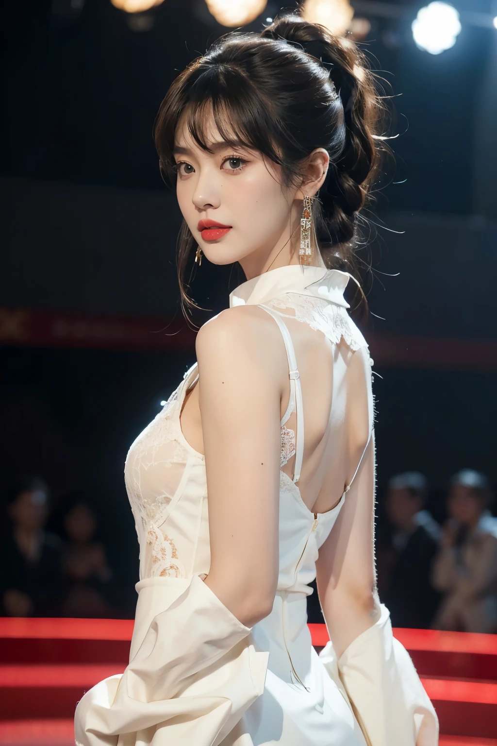 1girl,bangs,bare arms,collar,maxi white lace cheongsam,detailed background,detailed eyes,brown hair,earrings,upper body,jewelry,slim,flat chest,ponytail,looking at viewer,makeup,night scene,red lips,signature,laughing,solo,standing,On the T-stage,catwalk,fashion show,Surrounded by crowded crowds on both sides of the stage,neon lights