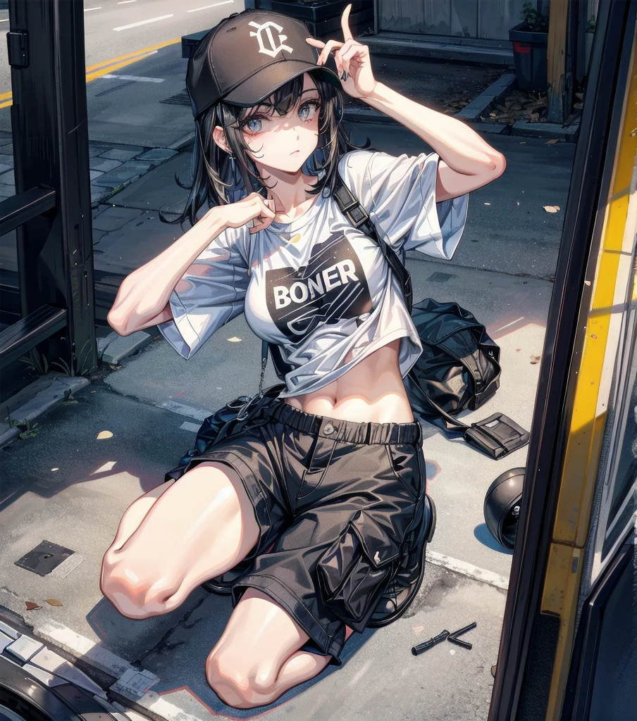 whole body, beautiful girl, big tits, medium hair, black hair, tearful mole, earring, baseball cap, black T-shirt, cargo shorts,