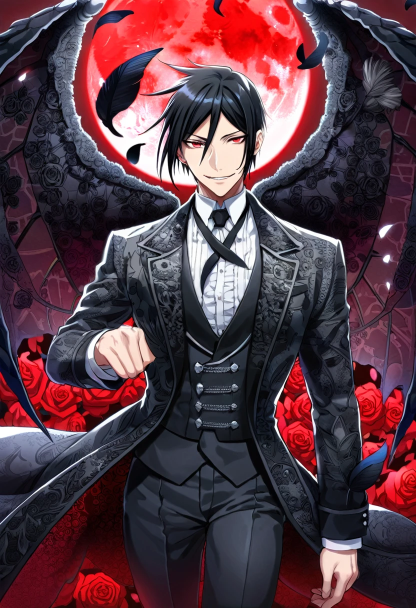 Ultra detailed, Highres, absurdres, HDR, Sebastian Michaelis, black hair, expressive red eyes, black coat with patterns, Kuroshitsuji, white shirt, fantasy, petals, handsome, sexy man, solo, very detailed eyes and face, master piece, black pants, red background, red moon, Black Butler, black demon horns, black demon wings, magical, red roses, black feathers, smirking, toned chest,