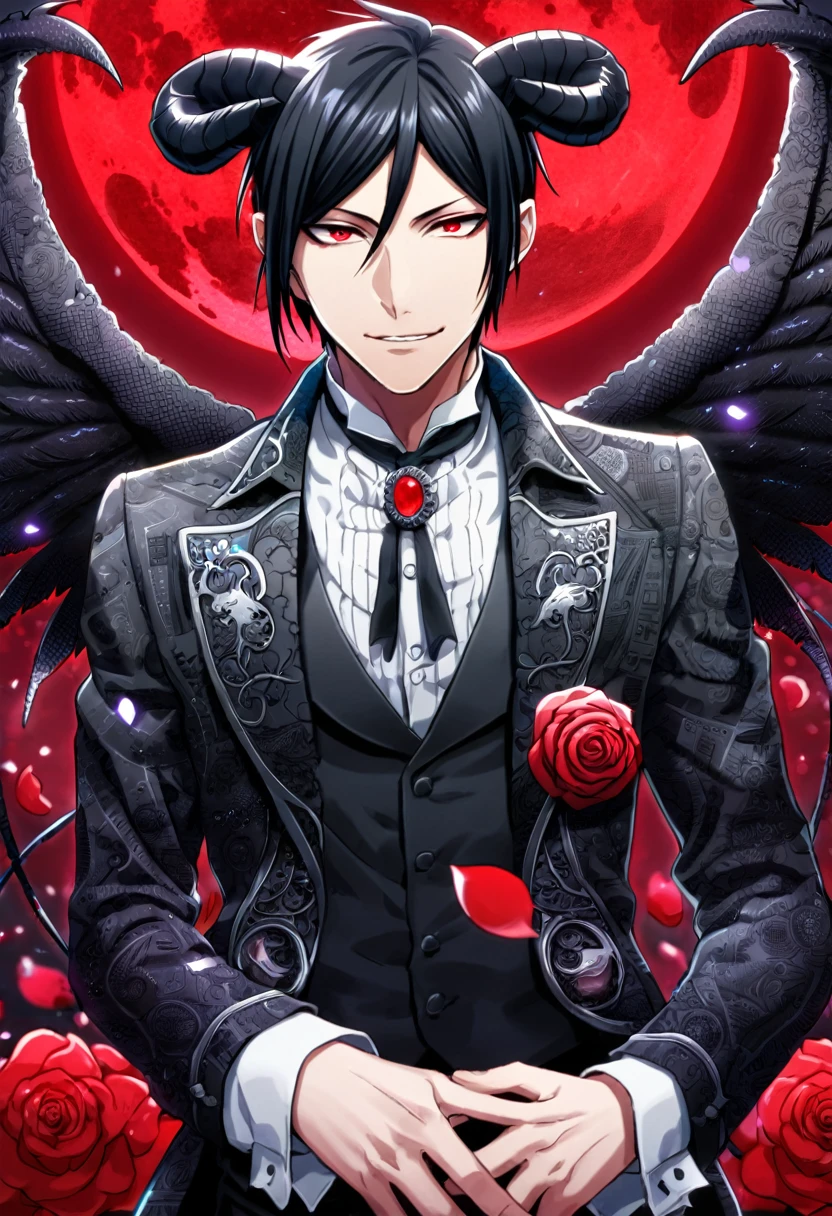 Ultra detailed, Highres, absurdres, HDR, Sebastian Michaelis, black hair, expressive red eyes, black coat with patterns, Kuroshitsuji, white shirt, fantasy, petals, handsome, sexy man, solo, very detailed eyes and face, master piece, black pants, red background, red moon, Black Butler, black demon horns, black demon wings, magical, red roses, black feathers, smirking, toned chest,