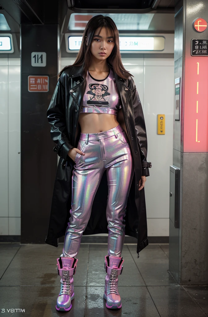 “Develop an HD Ultra Realistic image of Young Attractive Asian Woman Sophie Tan posing for a Y2K fashion editorial. Sophie is wearing a vibrant, holographic trench coat over a neon graphic tee and pleather pants, accessorized with chunky white platform boots and a small crossbody bag. She stands in a retro-futuristic subway station with neon lights and holographic advertisements. Capture this scene using a professional camera with a 50mm lens, focusing on Sophie’s fierce pose and the intricate details of her outfit (1.3). The subway station elements should be slightly blurred to highlight Sophie, and post-production should enhance the colors with a cool filter and add a soft glow effect to mimic the energetic, futuristic vibe of Y2K fashion (1.4).”