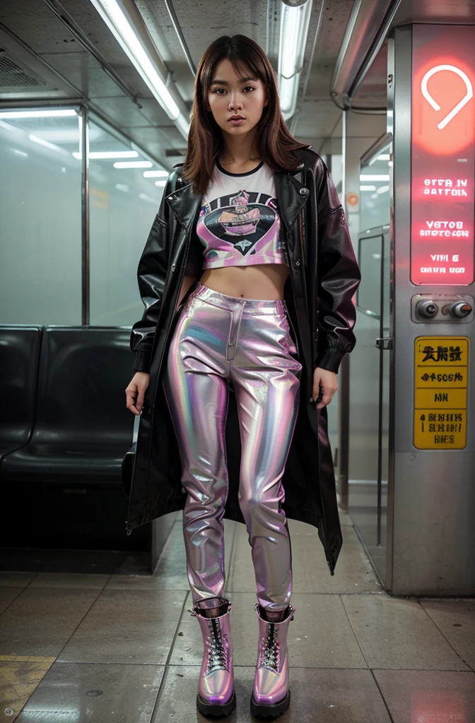 “Develop an HD Ultra Realistic image of Young Attractive Asian Woman Sophie Tan posing for a Y2K fashion editorial. Sophie is wearing a vibrant, holographic trench coat over a neon graphic tee and pleather pants, accessorized with chunky white platform boots and a small crossbody bag. She stands in a retro-futuristic subway station with neon lights and holographic advertisements. Capture this scene using a professional camera with a 50mm lens, focusing on Sophie’s fierce pose and the intricate details of her outfit (1.3). The subway station elements should be slightly blurred to highlight Sophie, and post-production should enhance the colors with a cool filter and add a soft glow effect to mimic the energetic, futuristic vibe of Y2K fashion (1.4).”