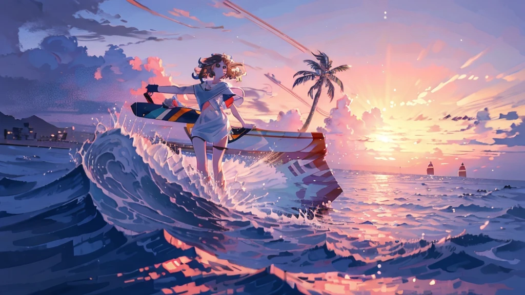 (male,Medium meat),(short,Blonde),(Riding Wiglet:1.1,It looks like a surfboard),(Through the waves),(Beyond the Sunset).,(Highest quality:1.2),(Very detailed),(practical:1.37),(landscape),(Bright colors),(Warm, vibrant colors),(soft, Golden Light),(Sparkling reflections on the water), Anime Style，Ocean，Oceanのビーチ，Coconut Tree，Seagull，Baiyun，A small island in the distance