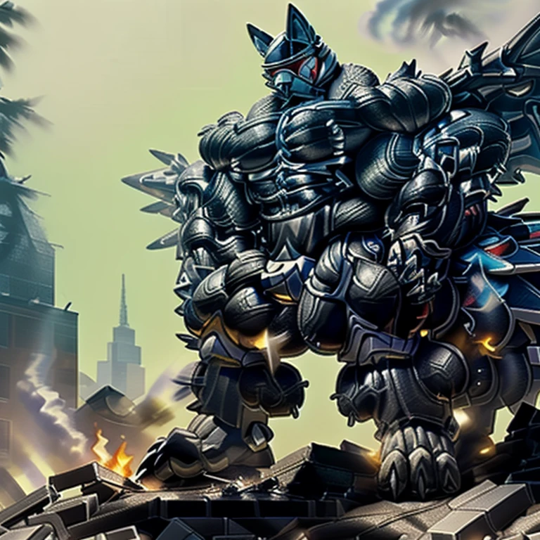 (masterpiece. official art. 8k. best quality. detailed full body. full body.)

(situation 1 : dominating LUCARIO. focus GIANT mechanical Muscular LUCARIO is trampling the Future city.)

(situation 2 :smoke and flames rising from the destruction in the Future city)

(Additional details 1: wearing a full-face helmet. helmet is jet black. The color of NANOSUIT is jet black. high-tech bio-mecha armor. real texture material. whole body shines like metal. Wearing cyberpunk mecha. emphasizes the muscles. suit fully made of metal. intricate armor. Robotic suit. suit fully made of metal. NANOSUIT with the same design as LUCARIO.).

(Additional details 2: (Detailed head. Detailed Body. Detailed abs. gigantic muscles. HYPER MUSCLES. Gigachad Muscular. big muscle. pecs. triceps. traps. unusually developed muscular body. body full of huge muscles. showing off muscles. pectorales enormes. Exaggeratedly huge muscles. huge muscles. long legs.).

(Additional details 3: nj5furry, Spread wings. It has wings. black have big wings. The claws are sharp. Sharp teeth.5 toes.). 