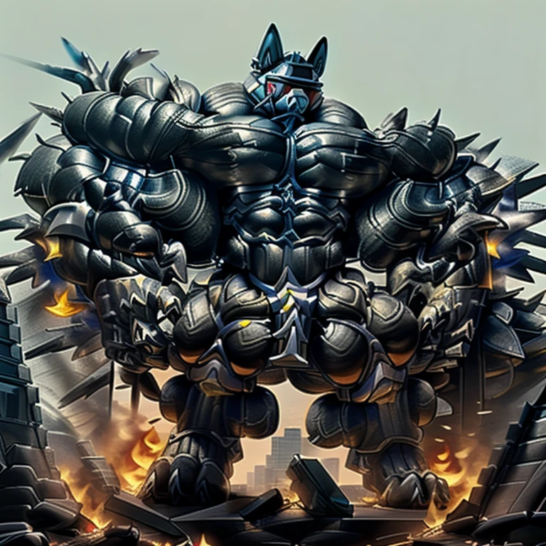 universe, LUCARIO, (gigantic muscles), 8K, Masterpiece, highres, future fiction. Detailed head, Detailed Body, full body, Detailed abs, wearing crNanosuit, big muscle (pecs, triceps, traps) unusually developed muscular body, body full of huge muscles. showing off muscles, pectorales enormes. Exaggeratedly huge muscles. Gigachad Muscular, gigantic muscles, Colossal giant NANOSUIT over a battlefield, The claws are sharp, Sharp teeth, Spread wings, have big wings. nj5furry, Animal paws, hyper penis (black color), long legs, wearing a tiny thong (metallic color: jet black thong)