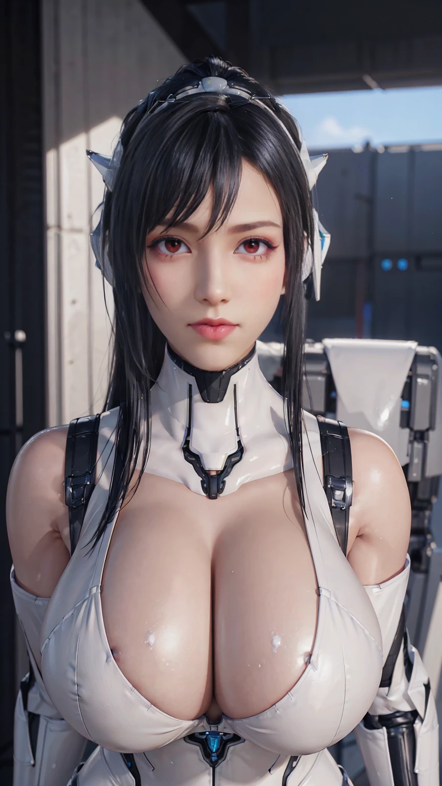 Solo, stand up straight, black hair, physically-based rendering, Unreal Engine 5 Render, (muscular body shape), (very Gigantic fake breast:1.5), 11 line abs, big Hips, ((beautiful cyborg woman,Black Mecha cyborg girl,cyber crop armored,white Mecha body girl,guard arms,gloves:1.5)), (close up upper body), (wet sweaty skin,oily bodyskin,clean skin), beauty model, 4K Resolution.