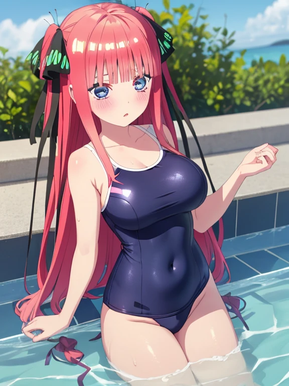 masterpiece, best quality, insanely detailed, beautiful, nino nakano, long hair, bangs, blue eyes, hair ornament, hair ribbon, pink hair, blunt bangs, two side up, butterfly hair ornament, blush, large brests, high-cut swimwea, one-piece swimsuit