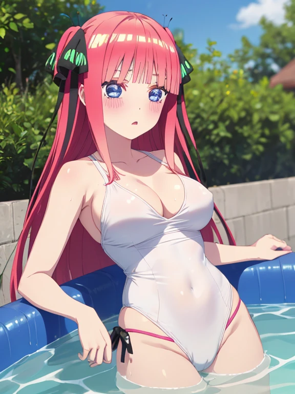 masterpiece, best quality, insanely detailed, beautiful, nino nakano, long hair, bangs, blue eyes, hair ornament, hair ribbon, pink hair, blunt bangs, two side up, butterfly hair ornament, blush, large brests, high-cut swimwea, one-piece swimsuit