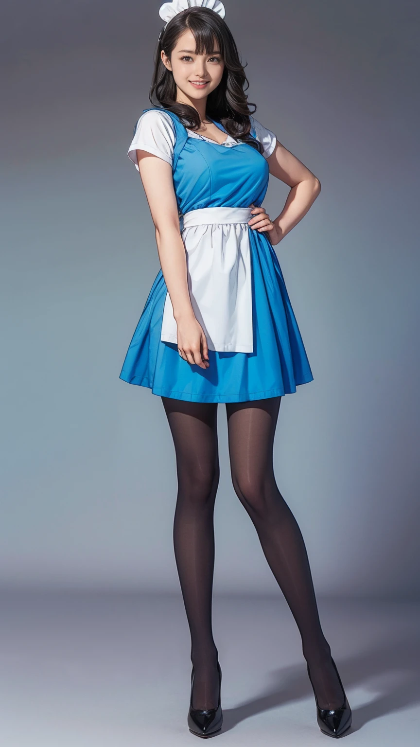 Bunny girl in a light blue maid outfit:1.5,Wearing light blue tights:1.5,The best smile:1.5,Full Body Shot:1.5,Gray background:1.5,Wearing black high heels:1.5,short cut side waves:1.5,