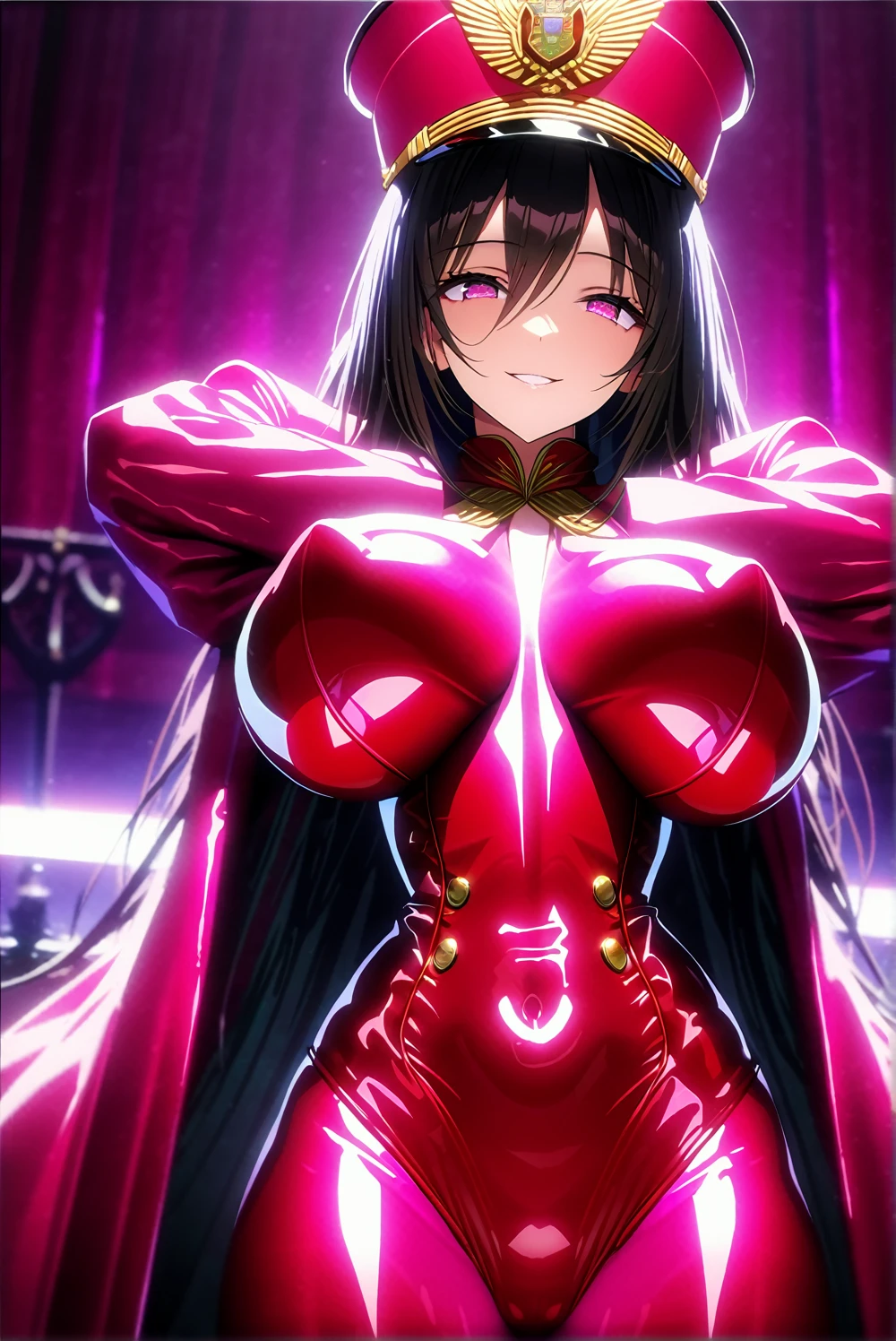 masterpiece, best quality, 1lady,seductive smile,pink eyes,hollow eyes,large breasts,glamour body,black long hair, (finely detailed beautiful eyes and detailed face),pink leotard,latex costume,military coat,military hat,cinematic lighting,sexy pose,extremely detailed CG unity 8k wallpaper,solo,(enamel leotard:0.3),