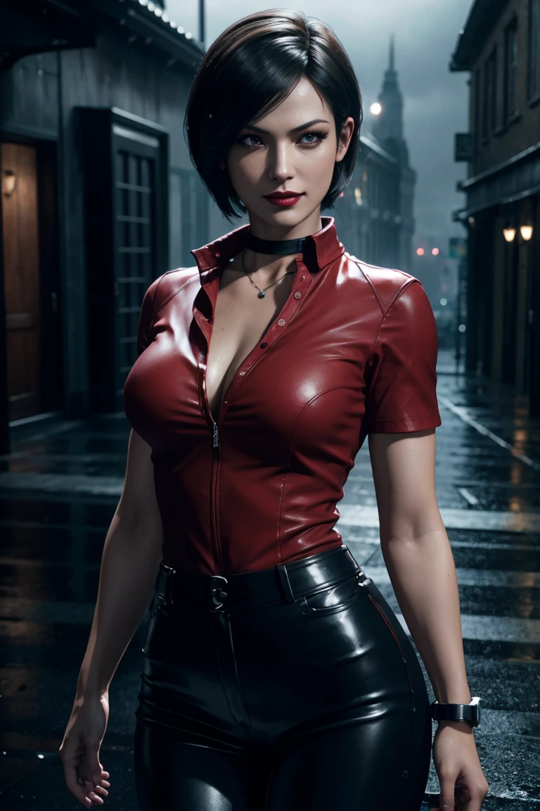 Resident Evil 6,Ada,Short Hair,Red Shirt,Stand up your collar,Black Leather Pants,Photorealistic,Ultra HD,high quality,masterpiece,Digital SLR,Detailed details,Intricate details,Anatomical basis,Depicted in detail,A detailed face,Realistic skin texture,Vivid details,Perfect Anatomy,Perfect Anatomy,Anatomically correct hand,Anatomically correct fingers,Super Detail,Complex 3D rendering,Sexy pose,Rainy Sky,Beautiful scenery,Fantastic rainy sky,Picturesque,Red Lip,smile,