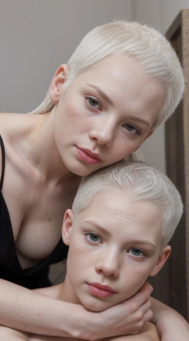 ((Cutaneous albinism)),(( 2 heads)), dry skin, pale skin 1 girl,  , Silver-white hair, freckles on the face, sitting on a man&#39;s lap, guiding the hooded penis into the vagina.,Vaginal Penis Penetration from Below Outstanding Curvy Body,  big ass, curvy muscular, Pink body, Angela White, white silver goddess , slutty rave girl,   high quality, A high resolution, A high resolution, human rights activist, Best quality, official art, glowing pink light,  