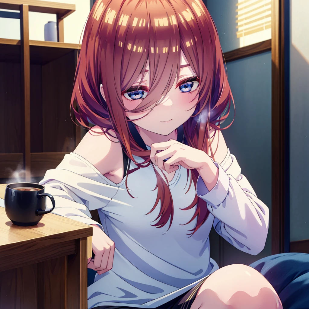 Mikunakano, miku nakano, Long Hair, bangs, blue eyes, Brown Hair, shirt, Hair between the eyes,smile,Open your mouth, Messy Hair,オーバサイズtshirt,One Shoulder,Black string underwear,barefoot,Sitting on the sofa,There is a coffee mug on the table,whole bodyがイラスト入るように,
break indoors, Bedroom,Building district,
break looking at viewer, whole body,
break (masterpiece:1.2), Highest quality, High resolution, unity 8k wallpaper, (figure:0.8), (Beautiful attention to detail:1.6), Highly detailed face, Perfect lighting, Highly detailed CG, (Perfect hands, Perfect Anatomy),