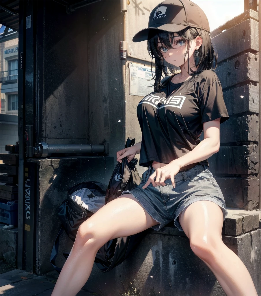 whole body, beautiful girl, big tits, medium hair, black hair, tearful mole, earring, baseball cap, black T-shirt, cargo shorts,