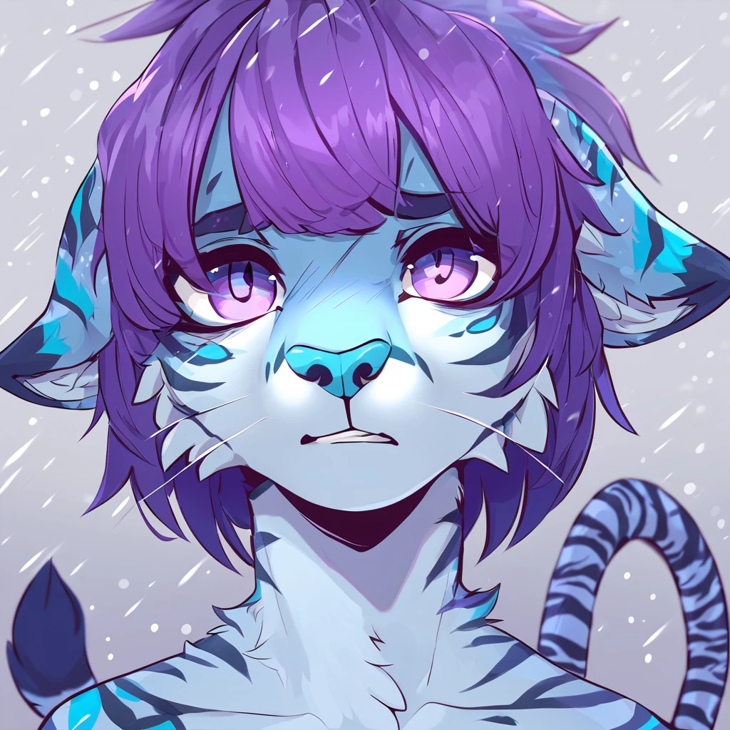 adult, feline, mammal, anthro, anthromorphic, snow, leopard, striped_feline, fur, furred_anthro, femboy, male, bangs, ear_tufts, blue_nose, paws, hair_tuft, hair_between_eyes, long_tail, fluffy, feline_ears, expressive_eyes, purple_hair, light looking_at_viewer, blue_fur, shy, small_pupils, spotted_pattern, stripes, tiger_stripes, digital_art, high_resolution, high_res, tealblue_background angry_face