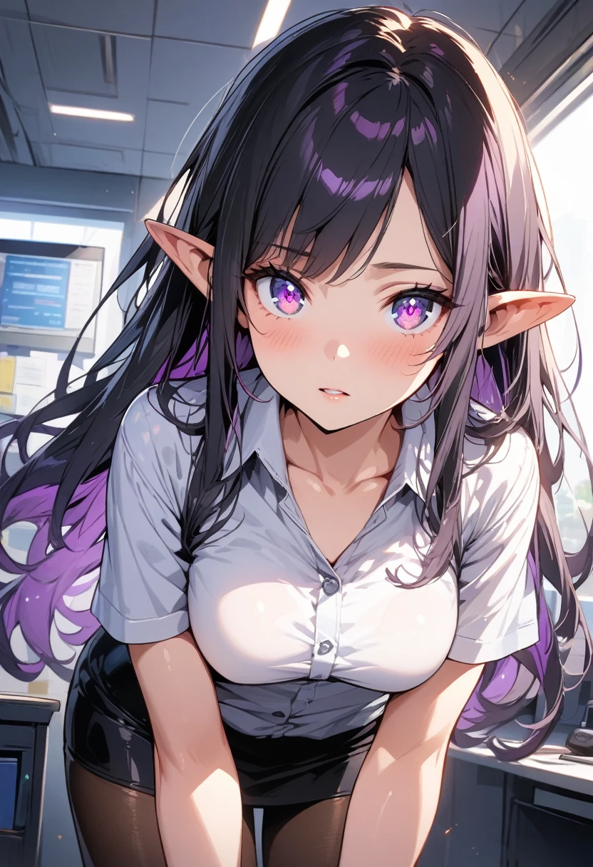 ((highest quality, masterpiece, ultra high definition, high resolution)), ((ultra-detailed illustrations:1.2)), 1 girl, solo, anime style, beautiful hair, parted bangs, loose hair, long hair, black hair, dark purple hair, multi colored hair, beautiful detailed eyes, beautiful detailed pupils, violet eyes, looking at viewer, pointed ears, mid-chest, white shirt, collared shirt, short sleeves, gloves, black mini skirt, pantyhose, shiny skin, shiny, indoor, office,