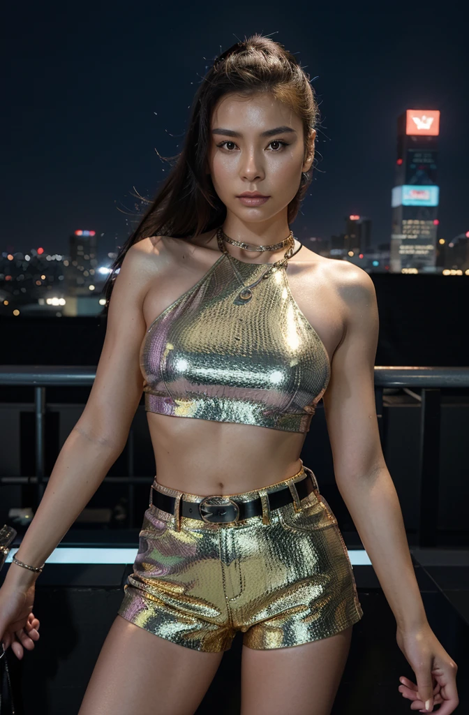 “Create an HD Ultra Realistic image of Young Attractive Asian Woman Sophie Tan in a Y2K-inspired fashion editorial. Sophie is dressed in a metallic gold crop top and matching pleather shorts, accessorized with a silver chain belt and tinted sunglasses. The background is a futuristic rooftop party scene with neon lights and a glowing city skyline. Use a professional camera with a 70mm lens to capture Sophie’s bold pose and the reflective quality of her outfit (1.3). The rooftop setting should be blurred to ensure Sophie stands out, with post-production enhancing the city lights, adding a shimmering overlay, and using a cool color filter for a true Y2K editorial look (1.4).”