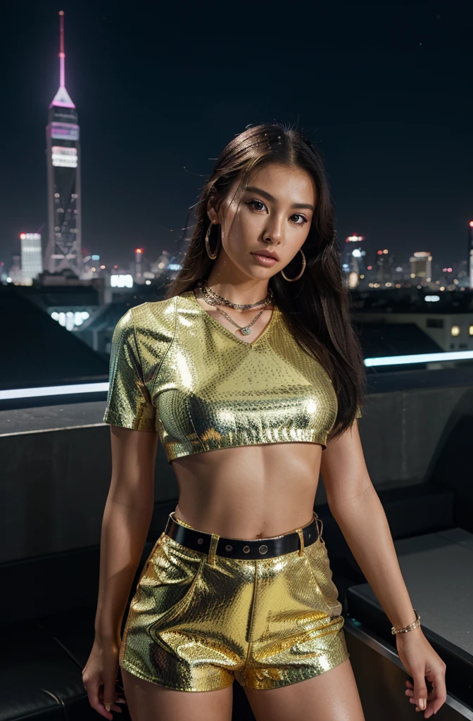 “Create an HD Ultra Realistic image of Young Attractive Asian Woman Sophie Tan in a Y2K-inspired fashion editorial. Sophie is dressed in a metallic gold crop top and matching pleather shorts, accessorized with a silver chain belt and tinted sunglasses. The background is a futuristic rooftop party scene with neon lights and a glowing city skyline. Use a professional camera with a 70mm lens to capture Sophie’s bold pose and the reflective quality of her outfit (1.3). The rooftop setting should be blurred to ensure Sophie stands out, with post-production enhancing the city lights, adding a shimmering overlay, and using a cool color filter for a true Y2K editorial look (1.4).”