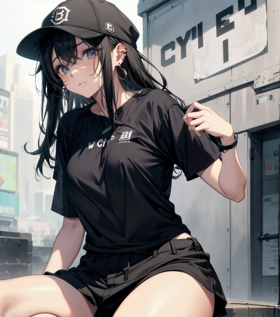 whole body, beautiful girl, big tits, medium hair, black hair, tearful mole, earring, baseball cap, black T-shirt, cargo shorts,