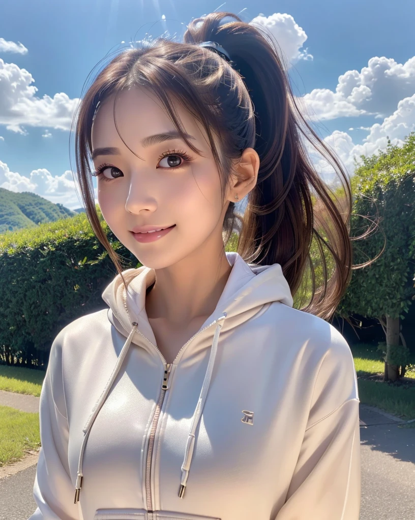 (Highest quality, 32k, High resolution, Masterpiece:1.5, ), marimo_jet, god々A photograph with brilliant dazzling and healing power., Evoking a sense of calm and elusive beauty, Expressing emotions, Have a rich imagination, (A narrow rural road stretching to the horizon), Nostalgic scenery of youth, Beautiful Japanese Girls, An exceptionally beautiful face, Small Face Beauty, Perfect Human Anatomy, Magical big eyes, Motherhood and generosity, Deep Love, fleeting smile, ((Shiny brown hair:1.1)), ((A beautiful ponytail swaying in the wind)), Asymmetrical bangs, Hair between the eyes, Transparent, soft white skin, Sharp eyebrows, Thin lashes, Natural Makeup, Cheek highlighter, Pale pink detailed lips, ((White zip hoodie:1.2)), Slim figure with ample breasts, High resolutionの美しい太もも, The morning sun pours down, Beautifully detailed skies, Professional Lighting, Professional photographer, Professional models, god秘的