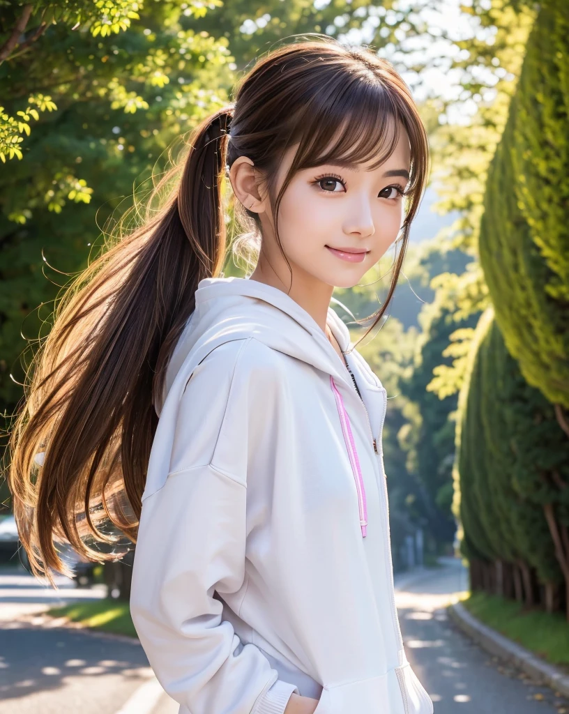 (Highest quality, 32k, High resolution, Masterpiece:1.5, ), marimo_jet, god々A photograph with brilliant dazzling and healing power., Evoking a sense of calm and elusive beauty, Expressing emotions, Have a rich imagination, (A narrow rural road stretching to the horizon), Nostalgic scenery of youth, Beautiful Japanese Girls, An exceptionally beautiful face, Small Face Beauty, Perfect Human Anatomy, Magical big eyes, Motherhood and generosity, Deep Love, fleeting smile, ((Shiny brown hair:1.1)), ((A beautiful ponytail swaying in the wind)), Asymmetrical bangs, Hair between the eyes, Transparent, soft white skin, Sharp eyebrows, Thin lashes, Natural Makeup, Cheek highlighter, Pale pink detailed lips, ((White zip hoodie:1.2)), Slim figure with ample breasts, High resolutionの美しい太もも, The morning sun pours down, Beautifully detailed skies, Professional Lighting, Professional photographer, Professional models, god秘的