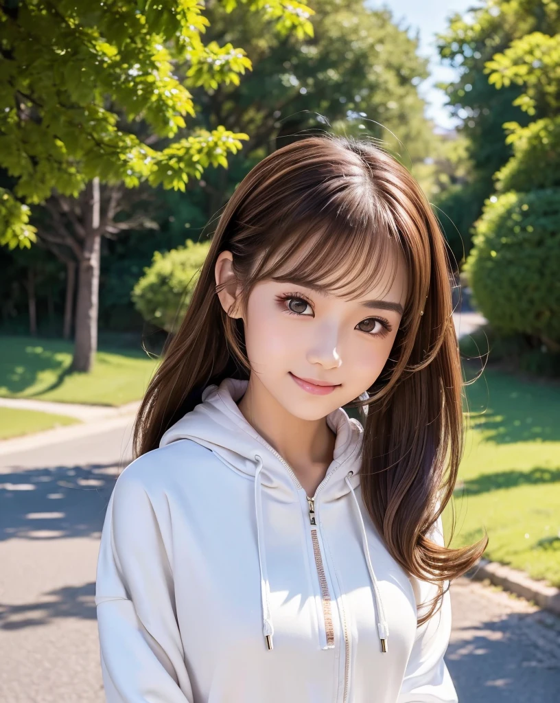 (Highest quality, 32k, High resolution, Masterpiece:1.5, ), marimo_jet, god々A photograph with brilliant dazzling and healing power., Evoking a sense of calm and elusive beauty, Expressing emotions, Have a rich imagination, (A narrow rural road stretching to the horizon), Nostalgic scenery of youth, Beautiful Japanese Girls, An exceptionally beautiful face, Small Face Beauty, Perfect Human Anatomy, Magical big eyes, Motherhood and generosity, Deep Love, fleeting smile, ((Shiny brown hair:1.1)), ((A beautiful ponytail swaying in the wind)), Asymmetrical bangs, Hair between the eyes, Transparent, soft white skin, Sharp eyebrows, Thin lashes, Natural Makeup, Cheek highlighter, Pale pink detailed lips, ((White zip hoodie:1.2)), Slim figure with ample breasts, High resolutionの美しい太もも, The morning sun pours down, Beautifully detailed skies, Professional Lighting, Professional photographer, Professional models, god秘的