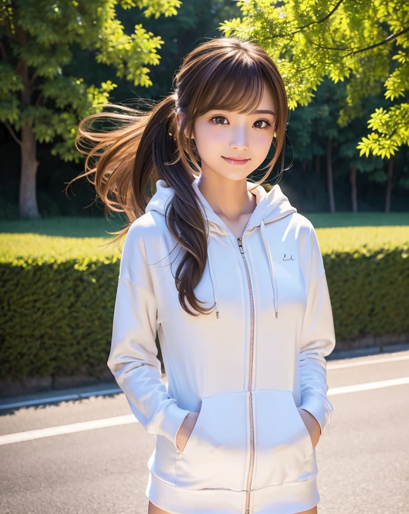 (Highest quality, 32k, High resolution, Masterpiece:1.5, ), marimo_jet, god々A photograph with brilliant dazzling and healing power., Evoking a sense of calm and elusive beauty, Expressing emotions, Have a rich imagination, (A narrow rural road stretching to the horizon), Nostalgic scenery of youth, Beautiful Japanese Girls, An exceptionally beautiful face, Small Face Beauty, Perfect Human Anatomy, Magical big eyes, Motherhood and generosity, Deep Love, fleeting smile, ((Shiny brown hair:1.1)), ((A beautiful ponytail swaying in the wind)), Asymmetrical bangs, Hair between the eyes, Transparent, soft white skin, Sharp eyebrows, Thin lashes, Natural Makeup, Cheek highlighter, Pale pink detailed lips, ((White zip hoodie:1.2)), Slim figure with ample breasts, High resolutionの美しい太もも, The morning sun pours down, Beautifully detailed skies, Professional Lighting, Professional photographer, Professional models, god秘的