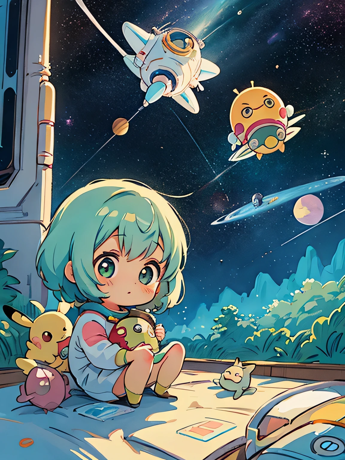 Hayao Miyazaki style、Kawaii Design, most beautiful girl ever、Chibi, (((Space Explorers)))、Spaceship, Pikachu, Totoro, Lunar Surface, Colorful and cute pillbugs, Cute Fairy, Adorable Alien, 