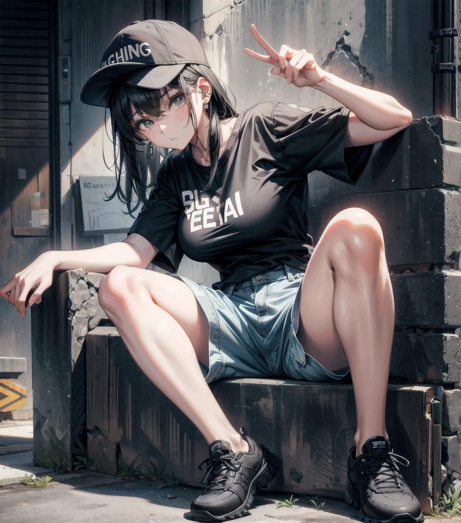 whole body, beautiful girl, big tits, medium hair, black hair, tearful mole, earring, baseball cap, black T-shirt, cargo shorts,