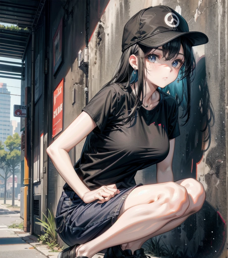 whole body, beautiful girl, big tits, medium hair, black hair, tearful mole, earring, baseball cap, black T-shirt, cargo shorts,
