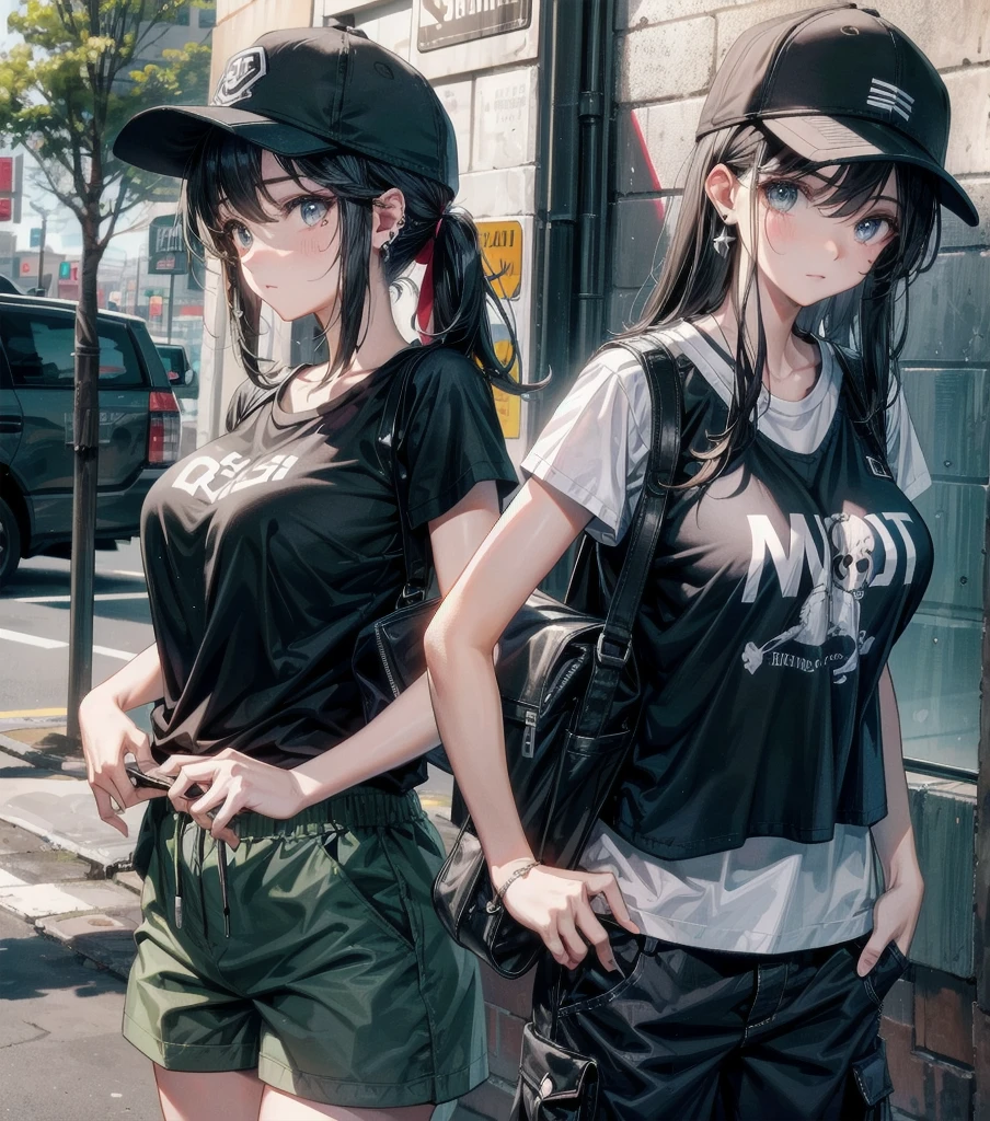 whole body, beautiful girl, big tits, medium hair, black hair, tearful mole, earring, baseball cap, black T-shirt, cargo shorts,