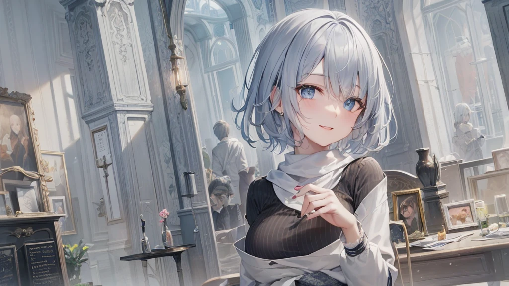 Her eyes were shining、Mysterious and enchanting atmosphere。With AI Painting、とてもShort Hair, Long bangs between the eyes, Grey Eyes , Very detailed,(masterpiece、Highest quality)、alone、Gray Hair、Fantasy, Silver Hair, Beautiful Eyes,, charm, attract the audience, Fantasyな風景、White shirt、smile、Open your mouth、Scarf、short hair、Short Hair、hairpin、Dark Eyes
