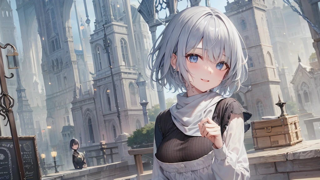 Her eyes were shining、Mysterious and enchanting atmosphere。With AI Painting、とてもShort Hair, Long bangs between the eyes, Grey Eyes , Very detailed,(masterpiece、Highest quality)、alone、Gray Hair、Fantasy, Silver Hair, Beautiful Eyes,Ecstasy, charm, attract the audience, Fantasyな風景、White shirt、smile、Open your mouth、Scarf、short hair、Short Hair、hairpin、Dark Eyes