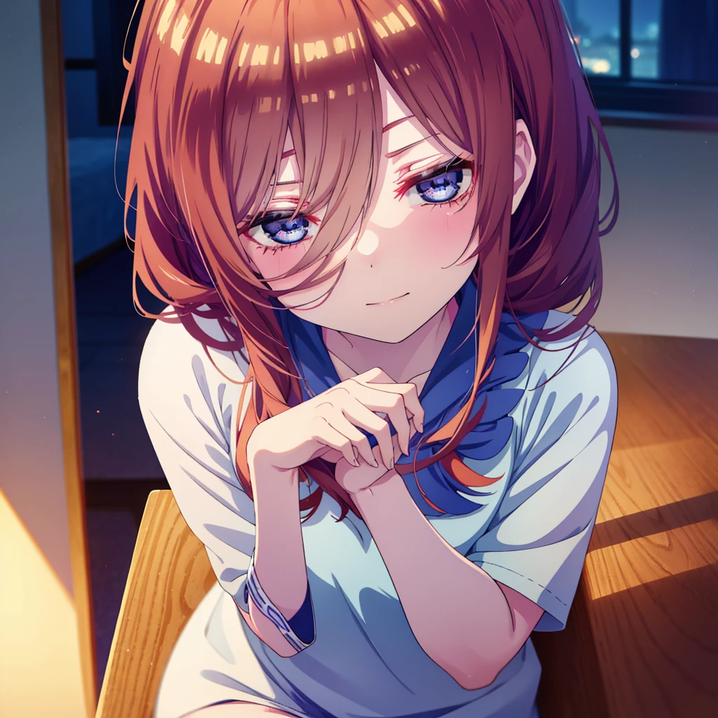 Mikunakano, miku nakano, Long Hair, bangs, blue eyes, Brown Hair, shirt, Hair between the eyes,smile,Open your mouth, Messy Hair,オーバサイズtshirt,One Shoulder,Black string underwear,barefoot,Sitting on the bed,sleepy,Squinting,morning,morning陽,The sun is rising,Building district,whole bodyがイラストに入るように,
break indoors, Bedroom,
break looking at viewer, whole body,(Cowboy Shot:1. 5) ,
break (masterpiece:1.2), Highest quality, High resolution, unity 8k wallpaper, (figure:0.8), (Beautiful attention to detail:1.6), Highly detailed face, Perfect lighting, Highly detailed CG, (Perfect hands, Perfect Anatomy),
