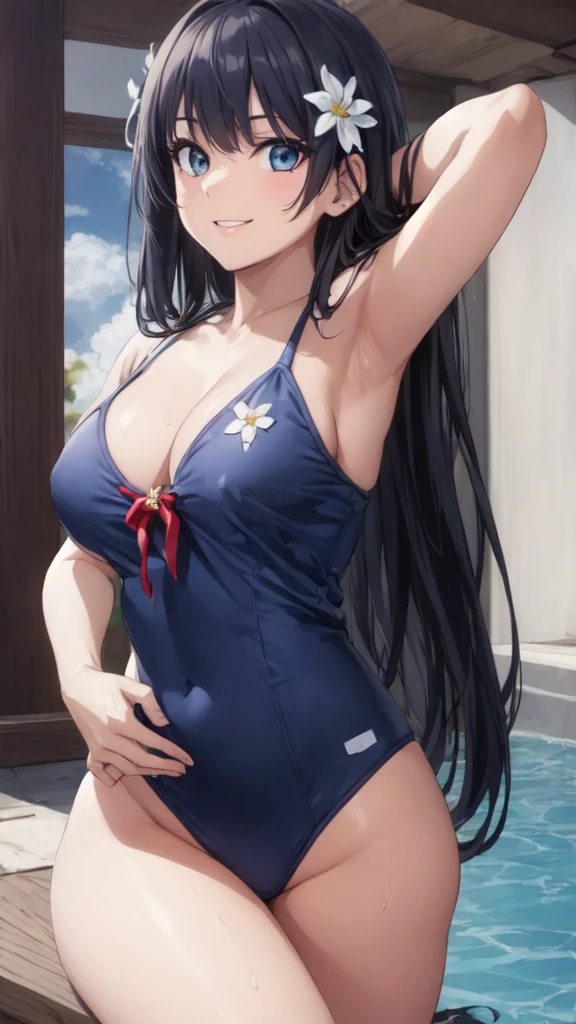 (Perfect hands, Perfect Anatomy:1.4), Satin Ruiko, alone,(Navy school swimsuit:1.5),(A neat figure,thin:1.4),(Hairstyle is a princess cut:1.5),(Black Hair:1.4), blue eyes, (Black Hairの:1.4),(Black Hairの:1.4),Long Hair,(Straight long hair:1.4), hair ornaments, (1 white flower decoration:1.4),(tsurime:1.4),(Sitting),(Broke up_lips:1.4),(Hime cut:1.4),(Large Breasts:1.4),(Put your hands behind your head:1.2), (Wicked Smile:1.4),20-year-old,(Wet:1.2),Sit on, (View your viewers:1.3),(View from below:1.3), (Pool,Poolサイドで:1.4),(Dazzling sunlight,summer:1.4)、 break (Hime cut:1.4),(masterpiece:1.5),(Extremely accurate details,Ultra-high resolution:1.4),Highly detailed CG Unity 8k wallpaper,(Realistic,Photorealistic,超Realisticな:1.5),(curve,model,Glamour:1.5),Beautiful breasts,color_aberration,Beautiful detailed shadows,Beautiful Eyes,Beautiful body,Beautiful Skin,Beautiful Hands,(Aesthetic Anime Eyes:1.4),(figure:0.8), (Beautiful attention to detail:1.4), Highly detailed face, Perfect lighting, Highly detailed CG, (Perfect hands, Perfect Anatomy:1.4),
