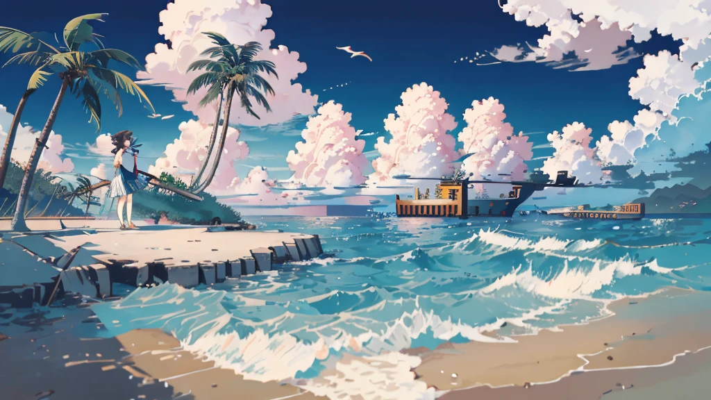 Anime Style，Ocean，Oceanのビーチ，Coconut Tree，Seagull，Baiyun，A small island in the distance, Illustrator
