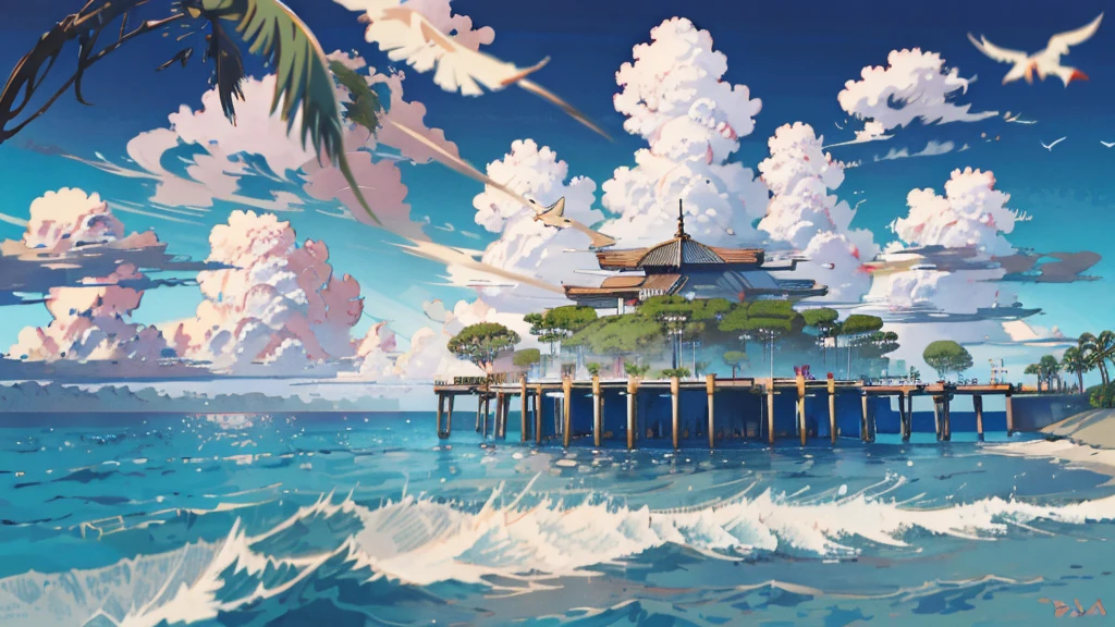 Anime Style,Ocean,Oceanのビーチ,Coconut Tree,Seagull,Baiyun,A small island in the distance, Illustrator