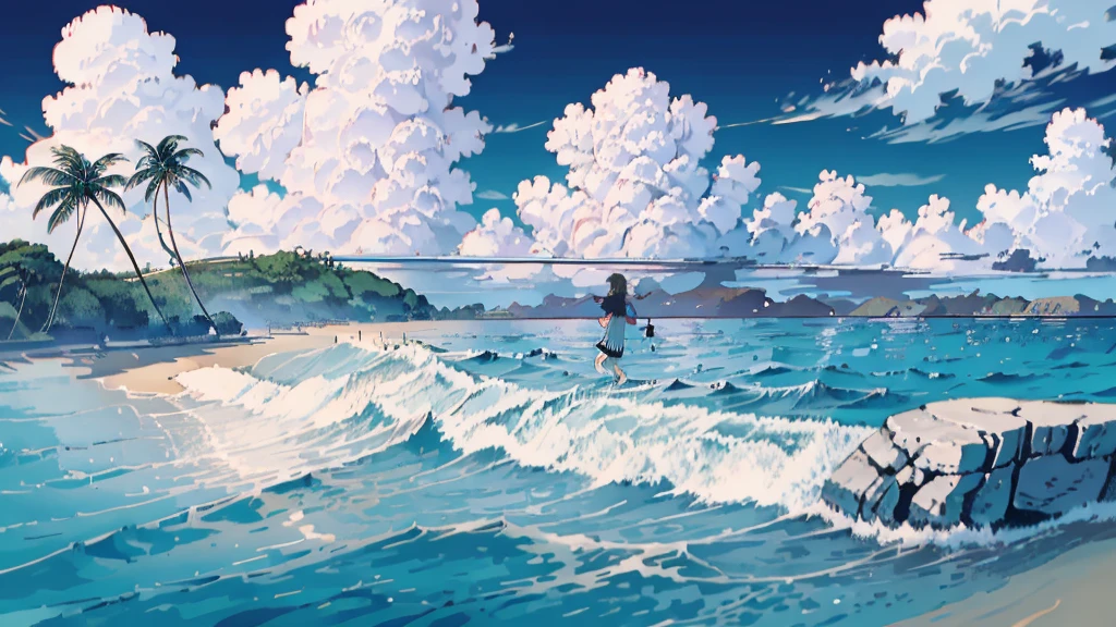 Anime Style,Ocean,Oceanのビーチ,Coconut Tree,Seagull,Baiyun,A small island in the distance, Illustrator