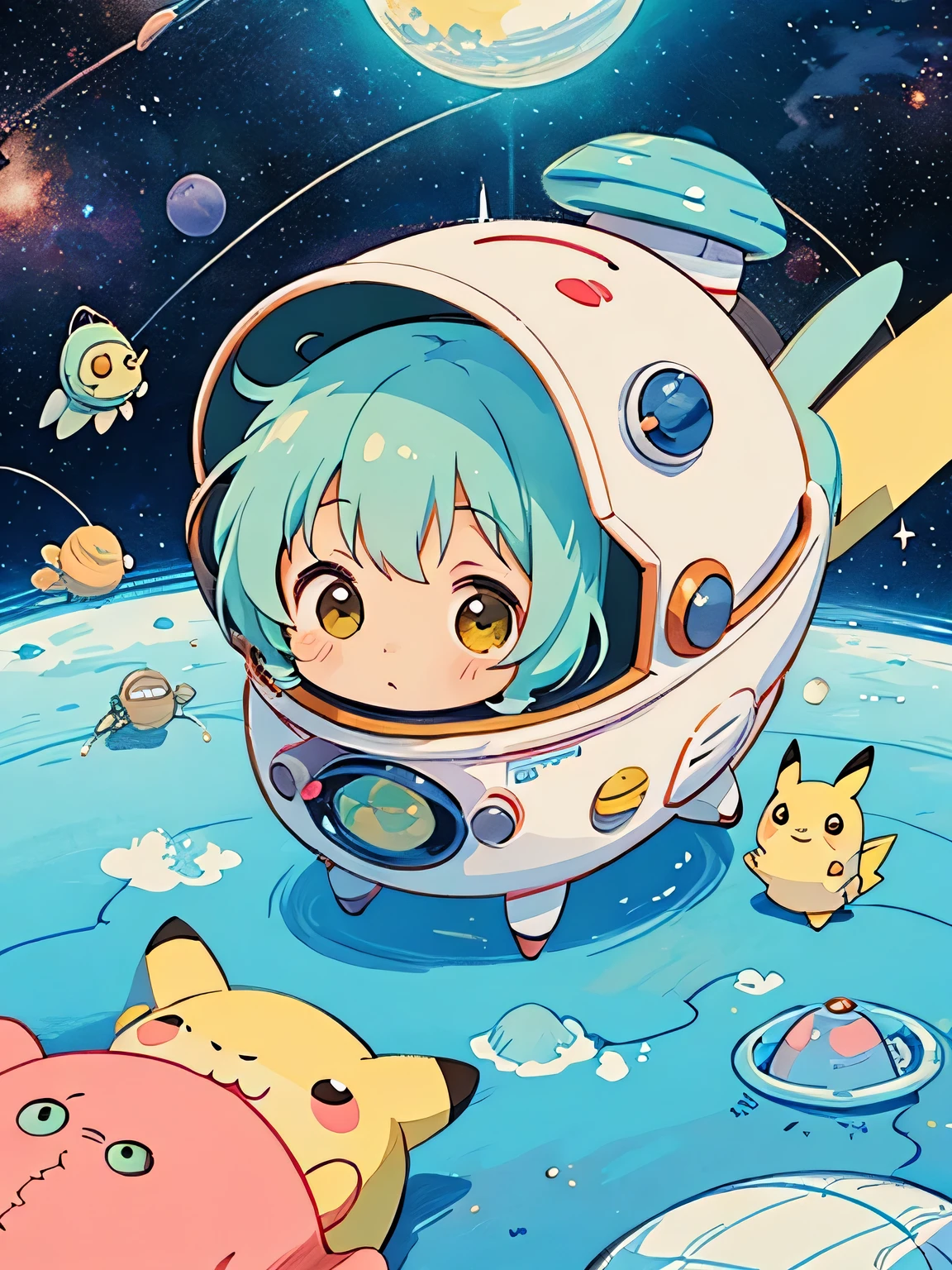 Hayao Miyazaki style、Kawaii Design, most beautiful girl ever、Chibi, (((Space Explorers)))、Spaceship, Pikachu, Totoro, Lunar Surface, Colorful and cute pillbugs, Cute Fairy, Adorable Alien,