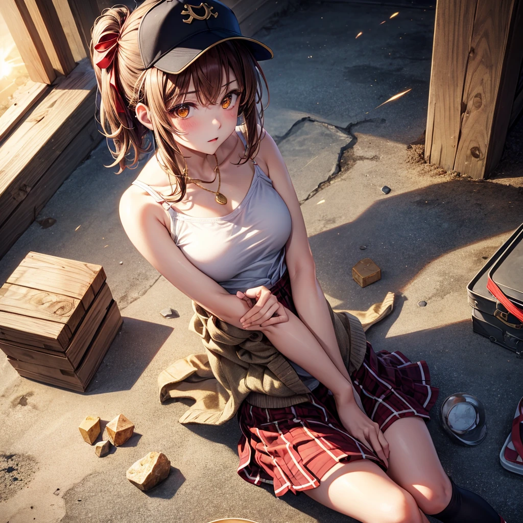 Red, brown, gold, gold hair、Golden Eyes、Hair tied up、One good looking girl、solo、anime、Checkered mini skirt、Ruffles on the skirt、camisole、camisole、Lightweight cardigan、Black knee-high socks、Wearing a baseball cap、Wearing a ribbon、Ribbon on waist、Teeth are visible、Sunset sky、Cumulonimbus、Silver coin necklace、shine、From above、Sparks are flying、cave、Cobblestones、Sitting on a rock