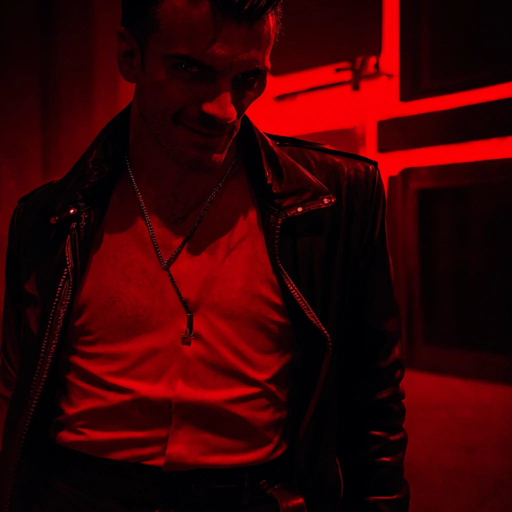 A serial killer with a sinister smile, 1980s nightclub in Brazil, neon lighting, blood-red color palette, dark shadows, ominous atmosphere, gripping tension, high contrast, chiaroscuro lighting, intense gaze, leather jacket, slicked-back hair, menacing presence, photo-realistic, 8k, masterpiece, cinematic, dramatic lighting