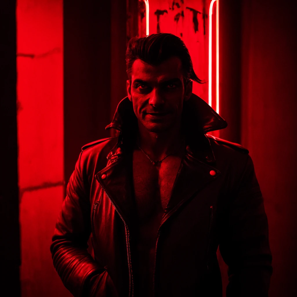 A serial killer with a sinister smile, 1980s nightclub in Brazil, neon lighting, blood-red color palette, dark shadows, ominous atmosphere, gripping tension, high contrast, chiaroscuro lighting, intense gaze, leather jacket, slicked-back hair, menacing presence, photo-realistic, 8k, masterpiece, cinematic, dramatic lighting