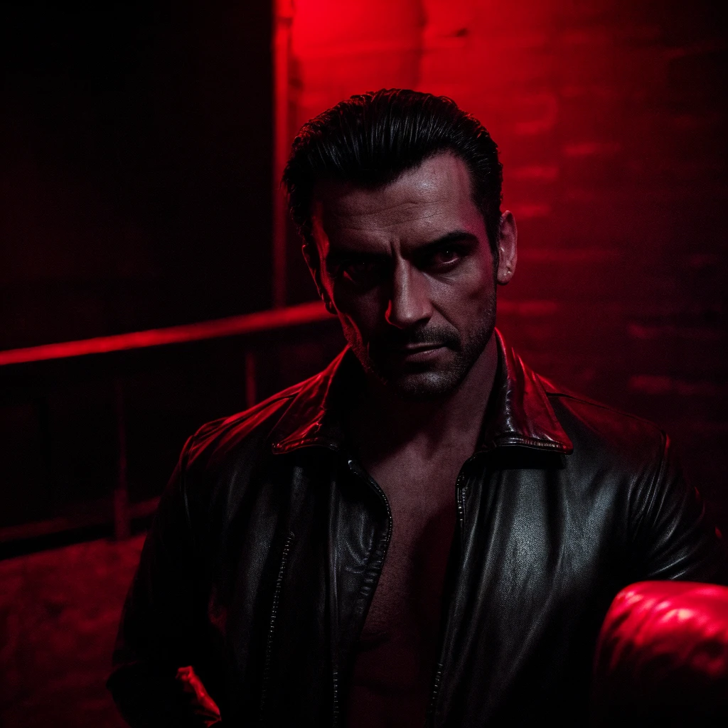 A serial killer with a sinister smile, 1980s nightclub in Brazil, neon lighting, blood-red color palette, dark shadows, ominous atmosphere, gripping tension, high contrast, chiaroscuro lighting, intense gaze, leather jacket, slicked-back hair, menacing presence, photo-realistic, 8k, masterpiece, cinematic, dramatic lighting