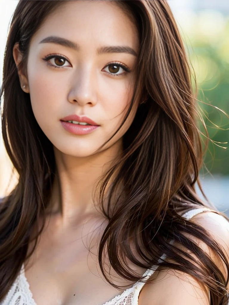 dark brown hair、light brown eyes、Japanese actress face、 lady、I&#39;I like him and I&#39;I&#39;I am about 40 years old..、(intricate details:1.2)、(which one is the top?:1.4)、 (ultra high resolution:1.2)、ultra high resolution、(finely tuned)、(detailed facial features)、nffsw、8K resolution、D cup size breasts、long hair、1 girl, A look of deep sadness, (Highly detailed beautiful face), (Relaxed and stylish dress :1.5),(bare shoulders:1.3), (highest quality:1.4), (Super detailed)、beautiful fair skin,  Angle from a diagonal、 Cross your arms in front of your body、Wrap your arms around your body.、open your mouth a little、Visible legs、Pose of Weakness、obscene pose、Street fashion、very sandals、cutout design、Are standing、leaning against the wall、big boobs, wearing blue bikine, big breast & ass huge