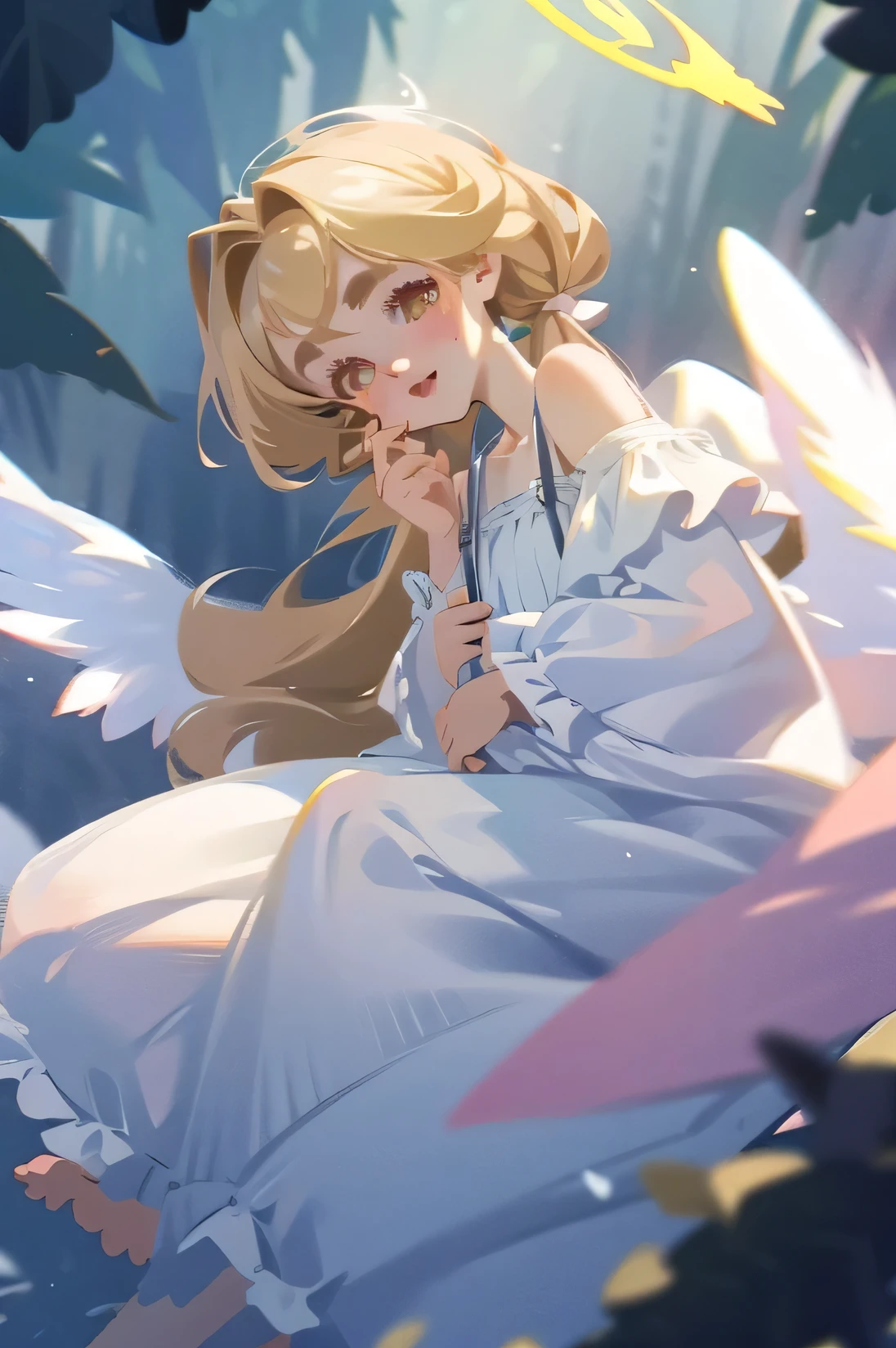 (High quality) (best quality) (A woman) (correct physiognomy) (best quality, 4k, 8K, high resolution, masterpiece: 1.2) woman, Extremely beautiful, Around 20 years old, long blonde hair with bangs on the back front, four small angel wings emerge from her head, two on the left side and two on the right side, two angel wings coming out of her back, a golden halo behind her head, golden eyes, sensitive lips, middle age, white dress with straps on the shoulders, skirt cut diagonally leaving one leg exposed, soft facial features, fine eyebrows, soft skin, slightly rosy cheeks, pink lips, silky eyelashes, dreamy expression, photo location the woman must be in the middle of the forest, photo illuminated by sunlight, full body proportion, showing in the photo the body from head to torso