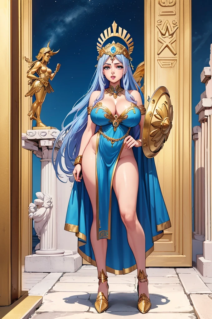 (masterpiece, best quality, high resolution, ((full body standing)), ((huge breasts))1 beautiful woman, goddess Athena, very long silky blue hair, pink lips, full body Greek fantasy dress, fantasy greek jewelry, fantasy greek helmet, bagulo and shield of Athena in gold hands, serious