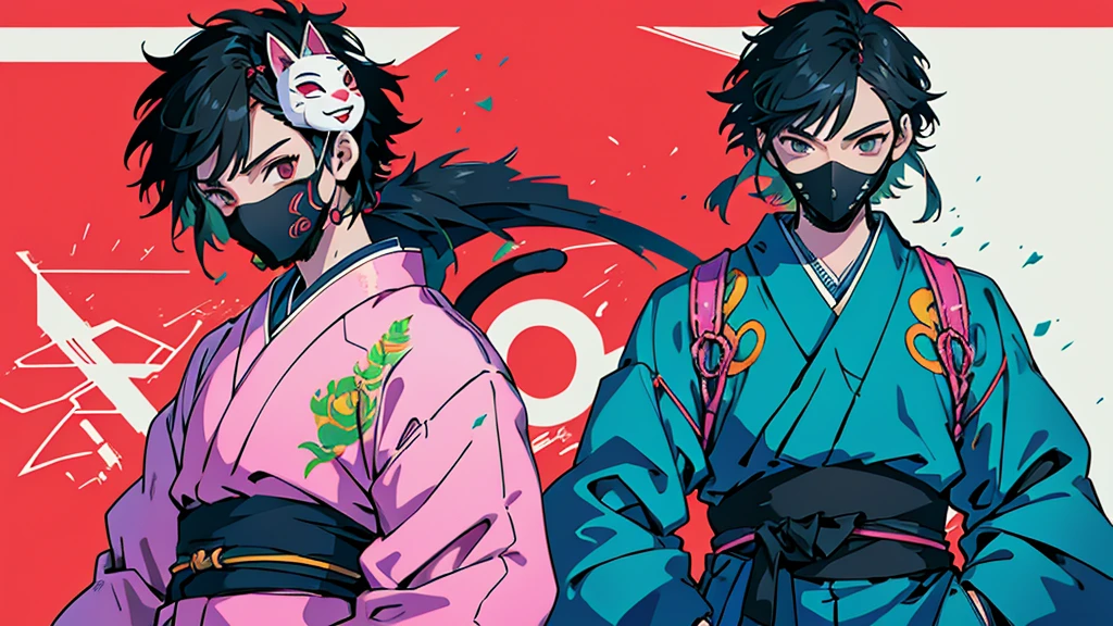 Cat Mask Black Hair male Anime Style Highest quality Japanese Delicate quality Beautiful illustrations High quality down to the last detail